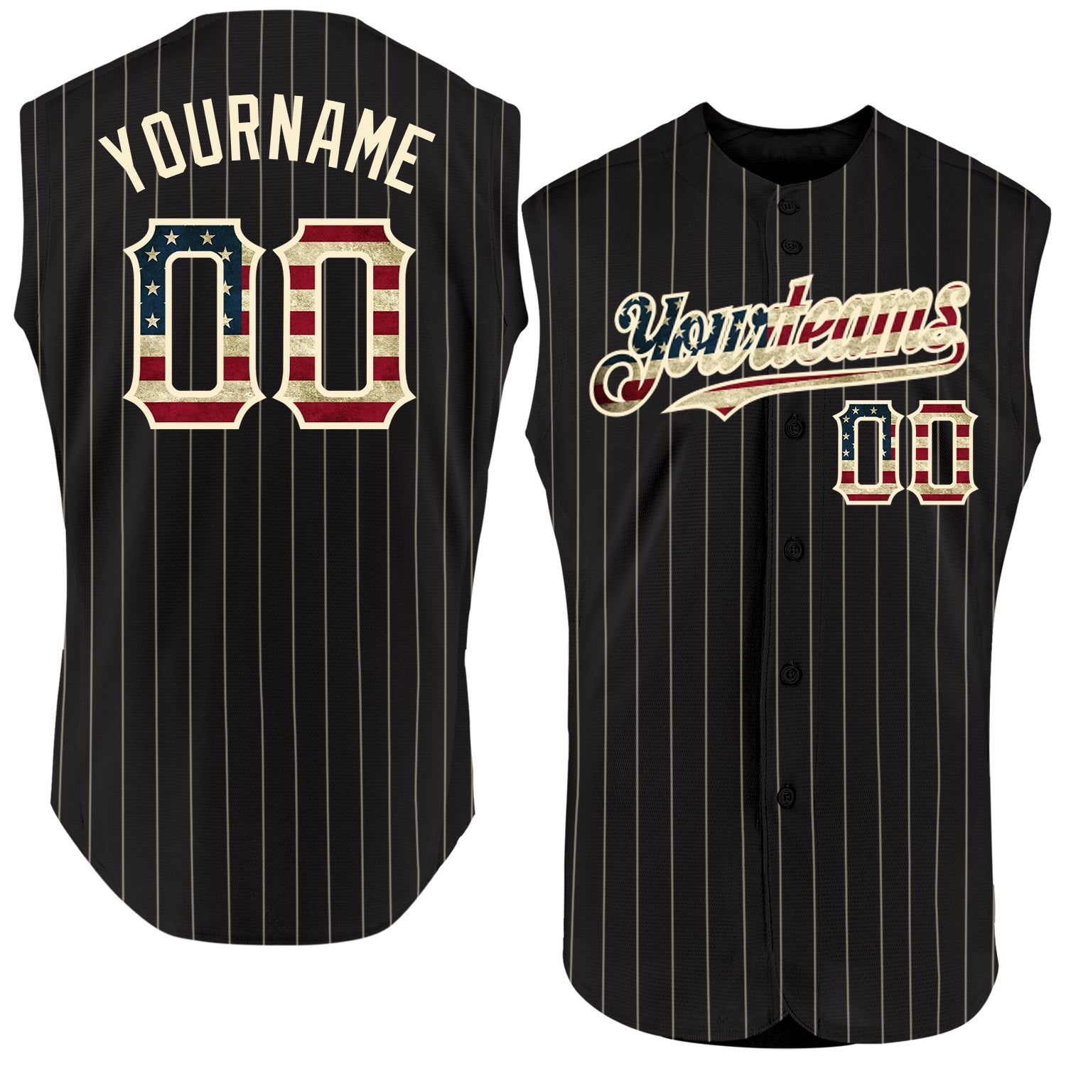 Custom Black Cream Pinstripe Vintage USA Flag Authentic Sleeveless Baseball Jersey - Sky-Custom