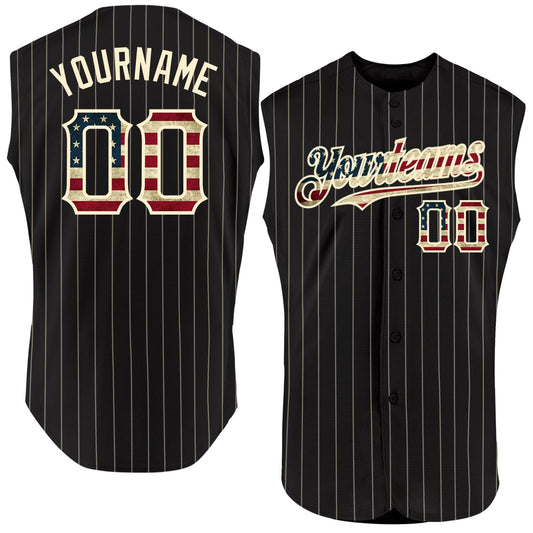 Custom Black Cream Pinstripe Vintage USA Flag Authentic Sleeveless Baseball Jersey - Sky-Custom