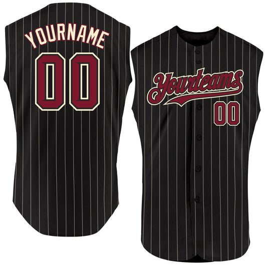 Custom Black Cream Pinstripe Crimson Authentic Sleeveless Baseball Jersey - Sky-Custom