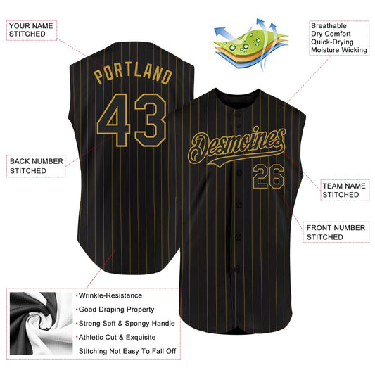 Custom Black Old Gold Pinstripe Old Gold Authentic Sleeveless Baseball Jersey - Sky-Custom