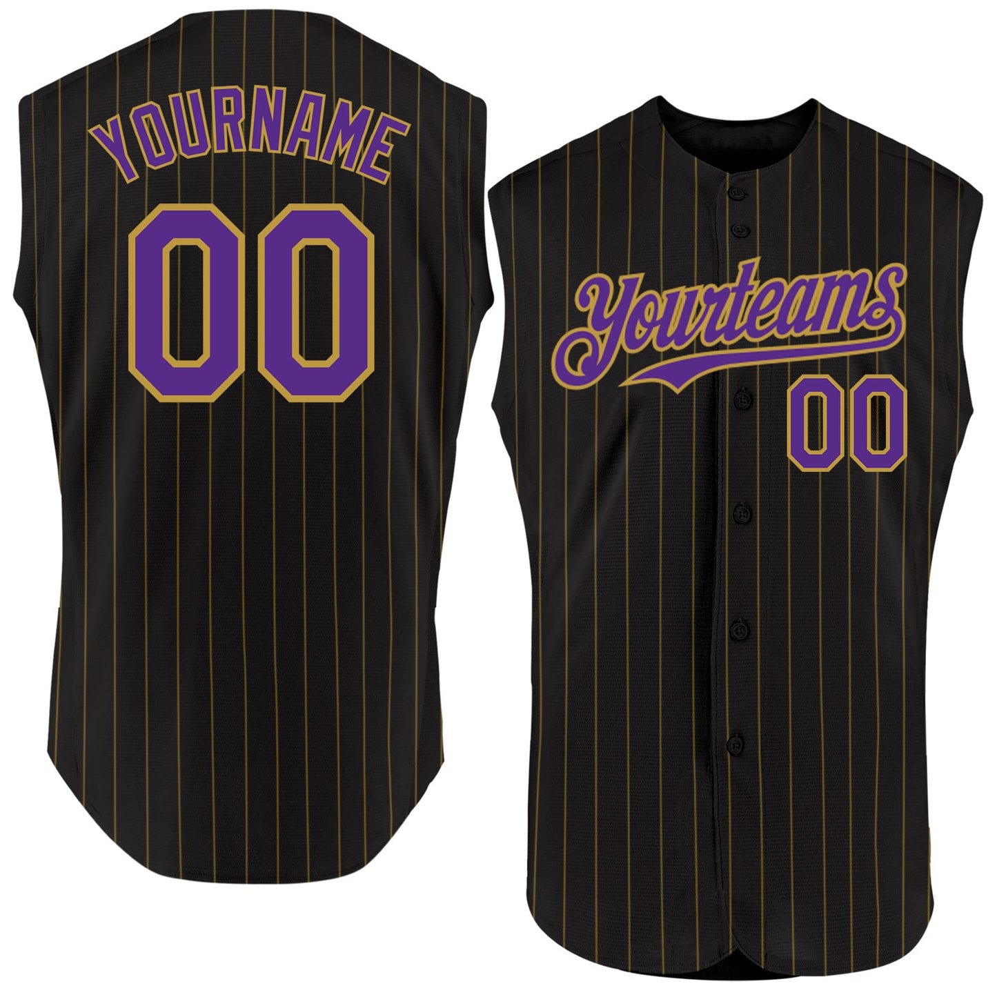 Custom Black Old Gold Pinstripe Purple Authentic Sleeveless Baseball Jersey - Sky-Custom