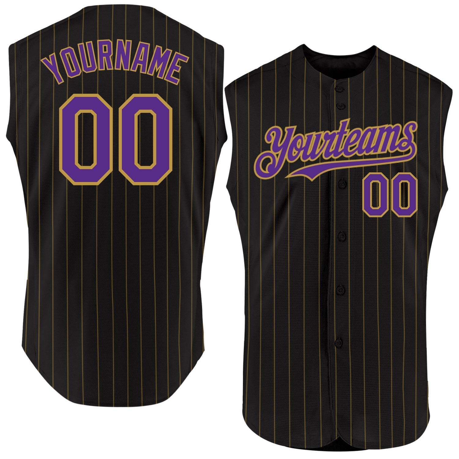 Custom Black Old Gold Pinstripe Purple Authentic Sleeveless Baseball Jersey - Sky-Custom
