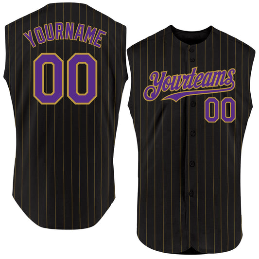 Custom Black Old Gold Pinstripe Purple Authentic Sleeveless Baseball Jersey - Sky-Custom