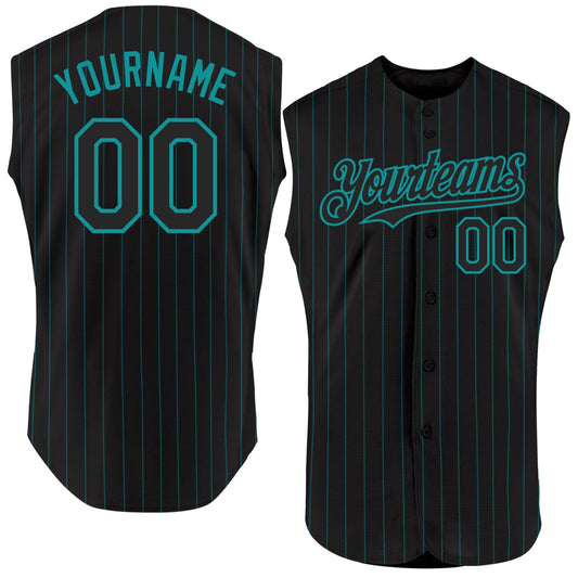 Custom Black Teal Pinstripe Teal Authentic Sleeveless Baseball Jersey - Sky-Custom