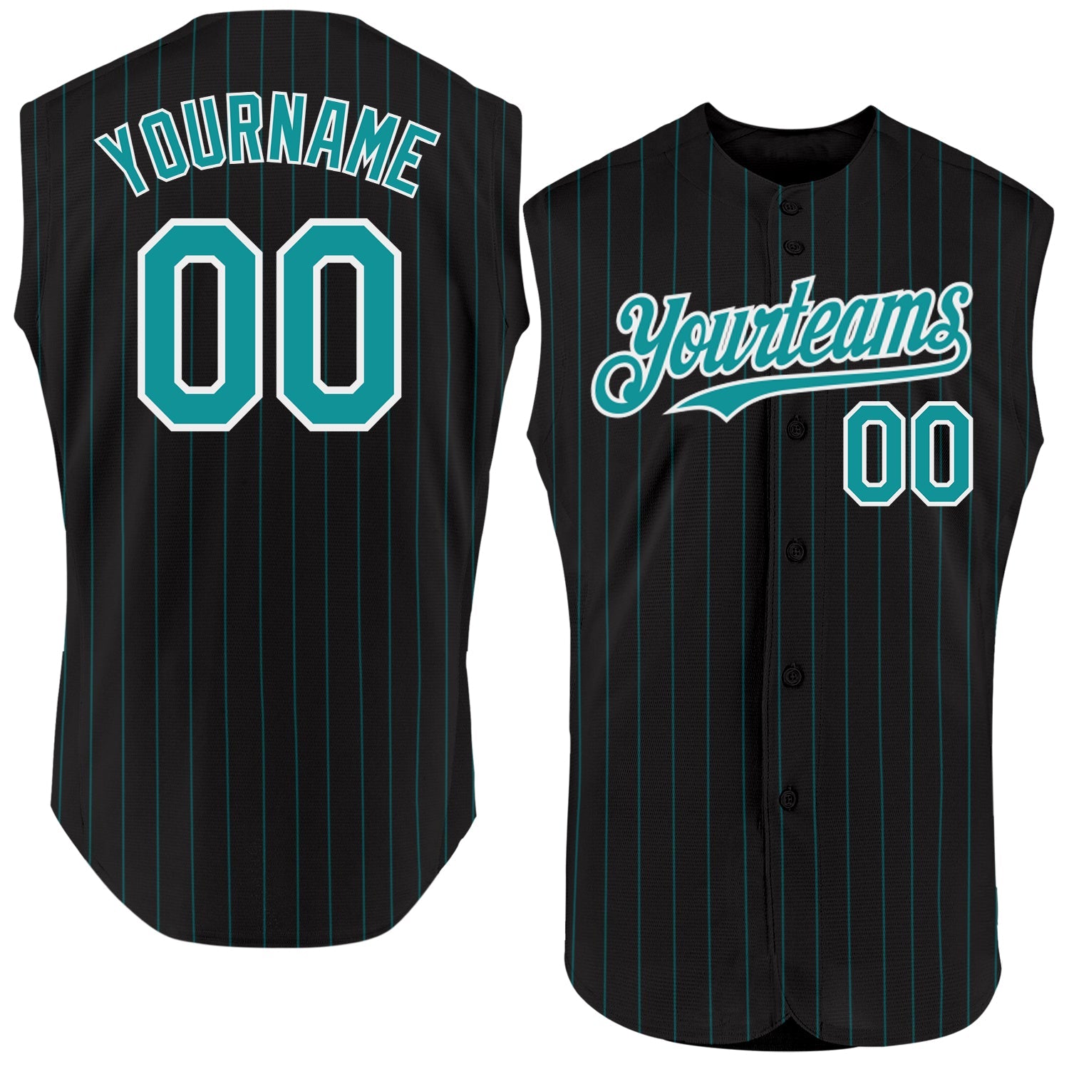 Custom Black Teal Pinstripe White Authentic Sleeveless Baseball Jersey - Sky-Custom