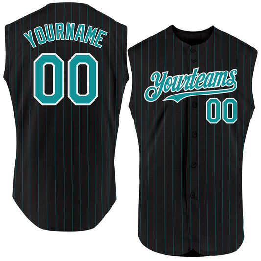 Custom Black Teal Pinstripe White Authentic Sleeveless Baseball Jersey - Sky-Custom