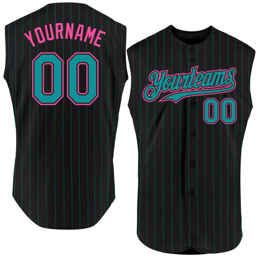 Custom Black Teal Pinstripe Pink Authentic Sleeveless Baseball Jersey - Sky-Custom