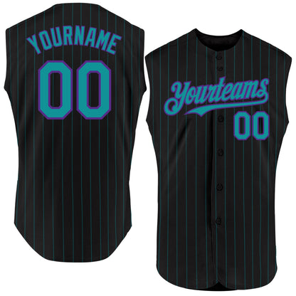 Custom Black Teal Pinstripe Purple Authentic Sleeveless Baseball Jersey - Sky-Custom