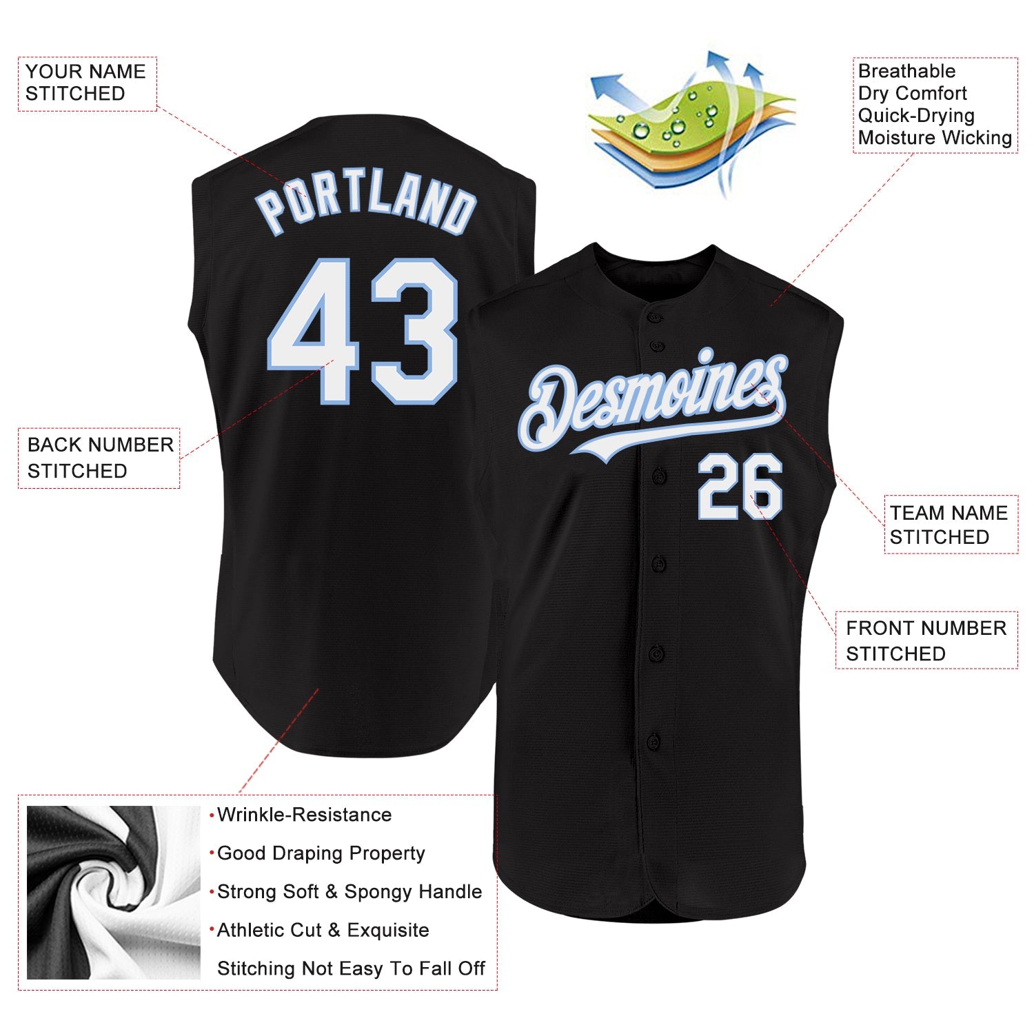 Custom Black White-Light Blue Authentic Sleeveless Baseball Jersey - Sky-Custom