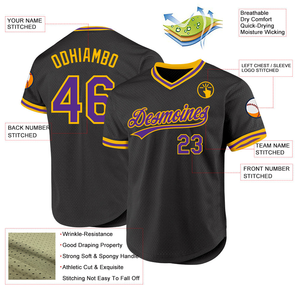 Custom Black Purple-Gold Authentic Throwback Baseball Jersey - Sky-Custom