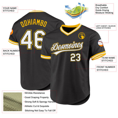 Custom Black White-Gold Authentic Throwback Baseball Jersey - Sky-Custom