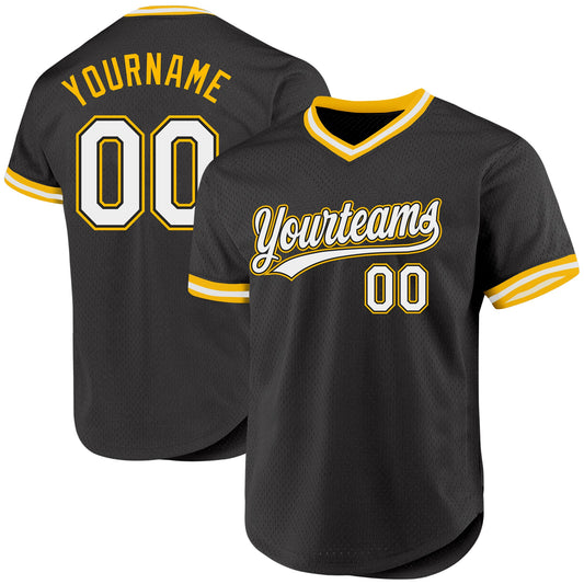 Custom Black White-Gold Authentic Throwback Baseball Jersey - Sky-Custom