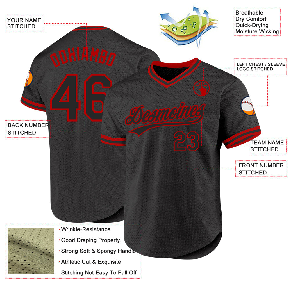 Custom Black Red Authentic Throwback Baseball Jersey - Sky-Custom