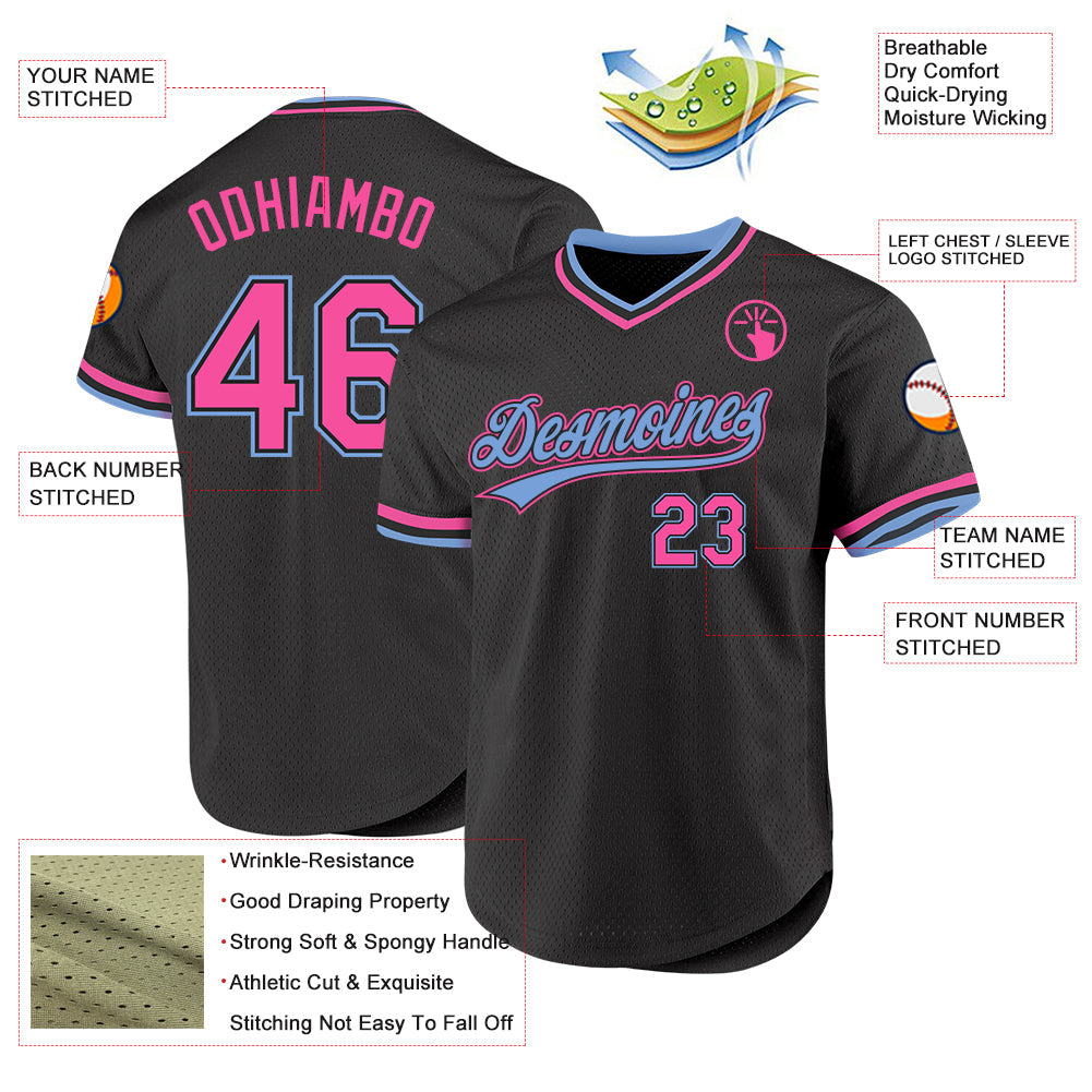 Custom Black Pink-Light Blue Authentic Throwback Baseball Jersey - Sky-Custom