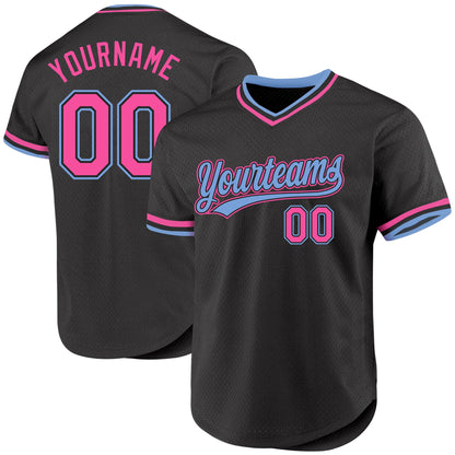 Custom Black Pink-Light Blue Authentic Throwback Baseball Jersey - Sky-Custom