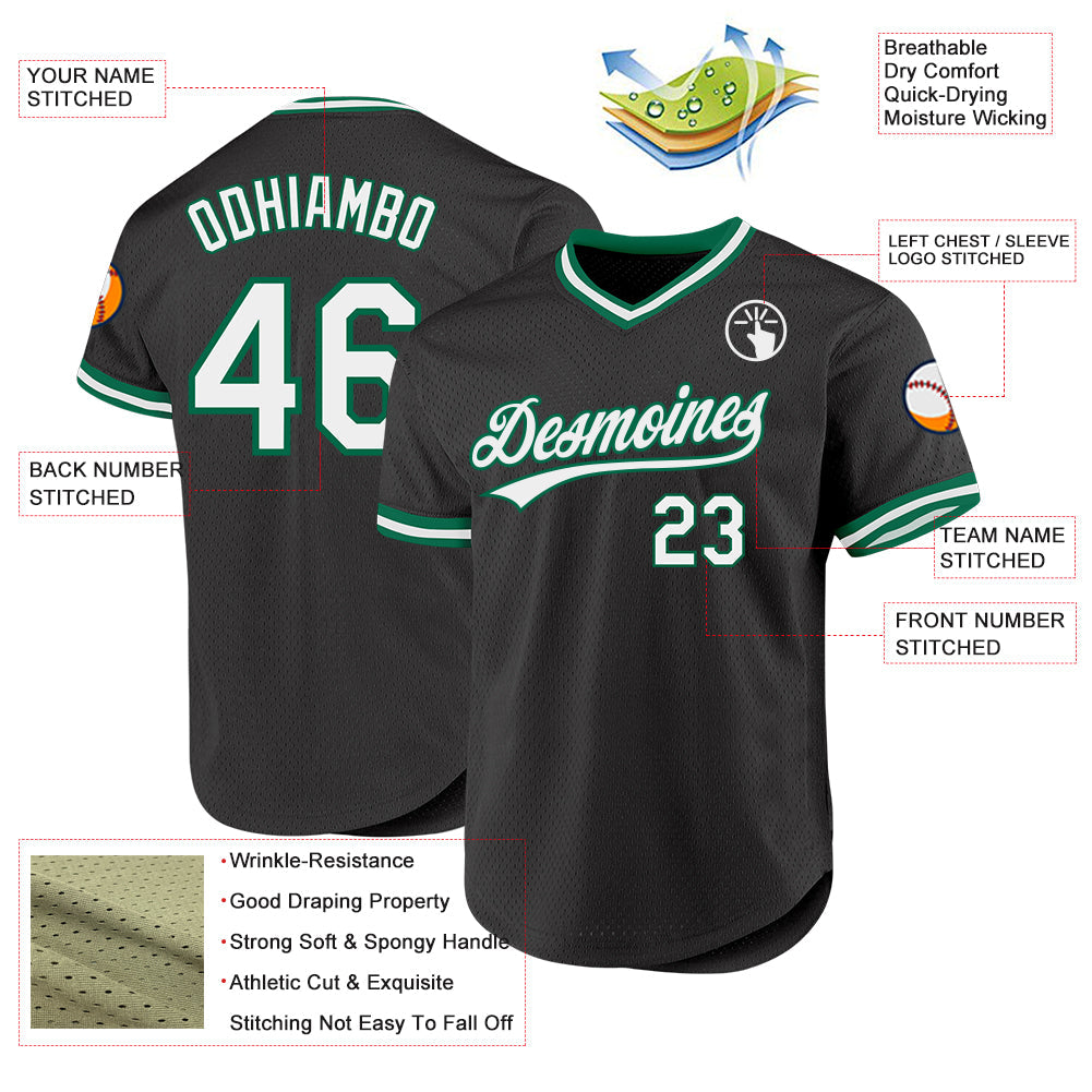 Custom Black White-Kelly Green Authentic Throwback Baseball Jersey - Sky-Custom