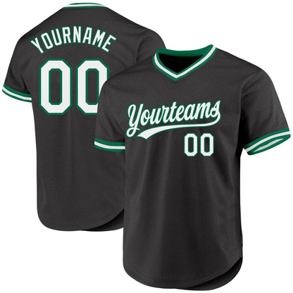 Custom Black White-Kelly Green Authentic Throwback Baseball Jersey - Sky-Custom