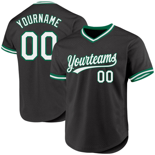 Custom Black White-Kelly Green Authentic Throwback Baseball Jersey - Sky-Custom