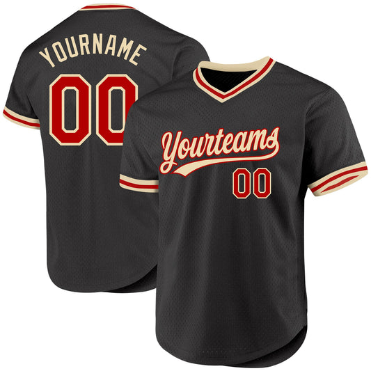 Custom Black Red-Cream Authentic Throwback Baseball Jersey - Sky-Custom
