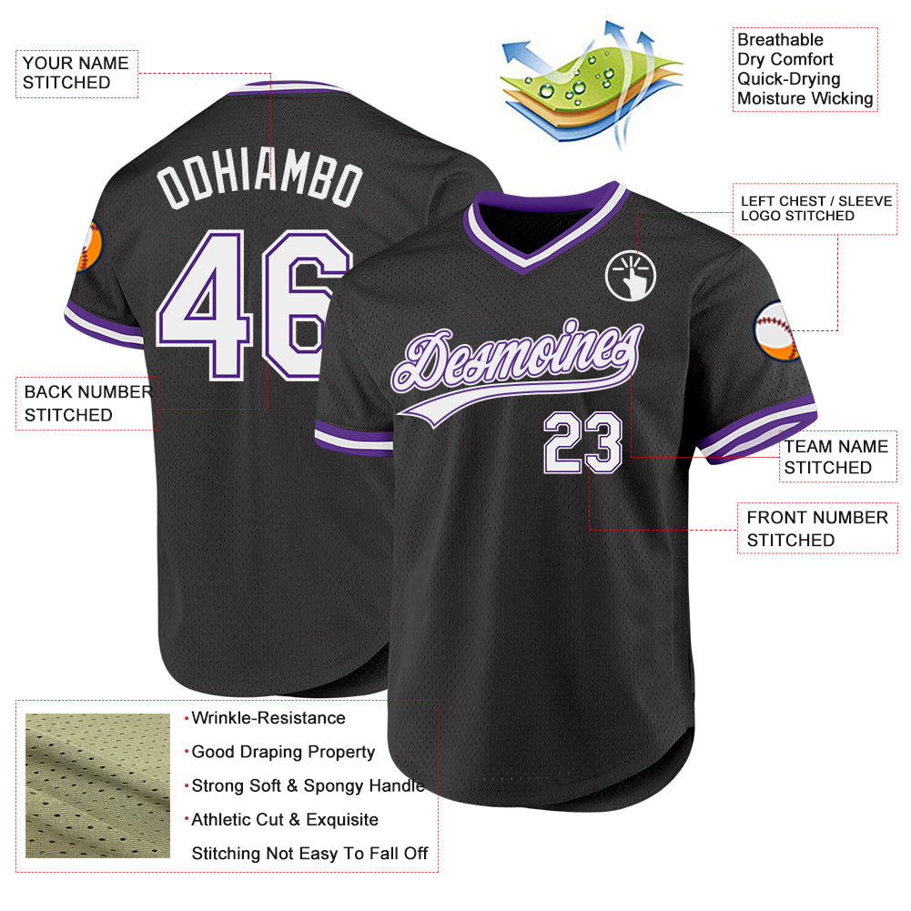 Custom Black White-Purple Authentic Throwback Baseball Jersey - Sky-Custom