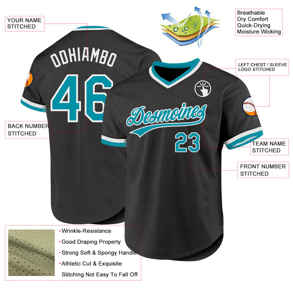 Custom Black Teal-White Authentic Throwback Baseball Jersey - Sky-Custom
