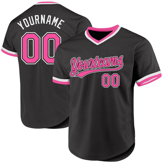 Custom Black Pink-White Authentic Throwback Baseball Jersey - Sky-Custom