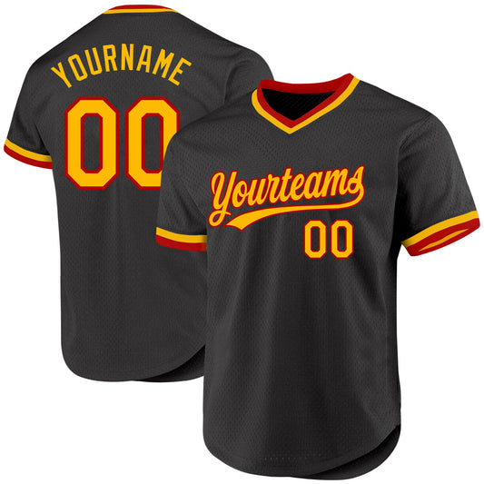 Custom Black Gold-Red Authentic Throwback Baseball Jersey - Sky-Custom