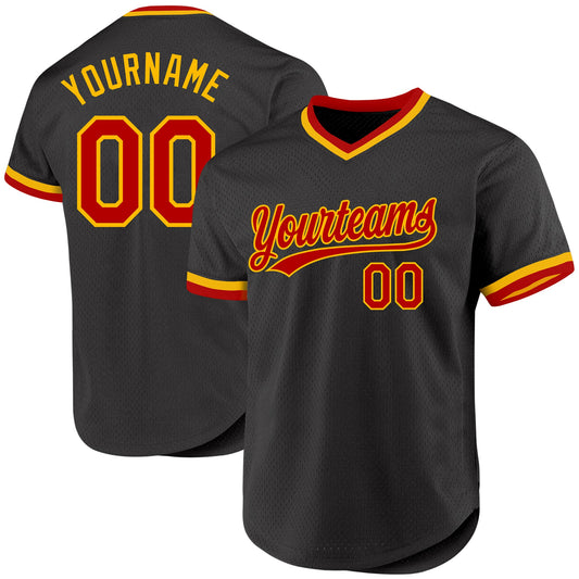 Custom Black Red-Gold Authentic Throwback Baseball Jersey - Sky-Custom