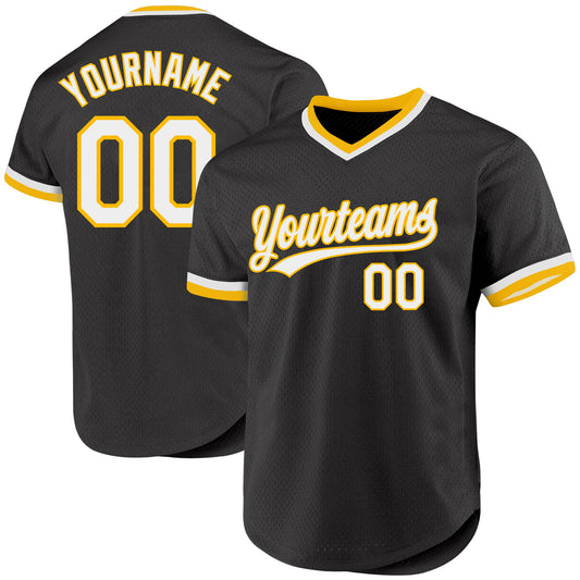 Custom Black White-Gold Authentic Throwback Baseball Jersey - Sky-Custom