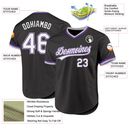 Custom Black Purple-Gray Authentic Throwback Baseball Jersey - Sky-Custom