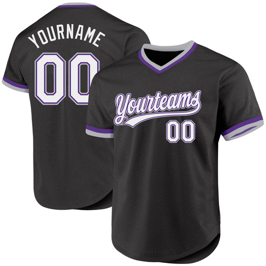 Custom Black Purple-Gray Authentic Throwback Baseball Jersey - Sky-Custom