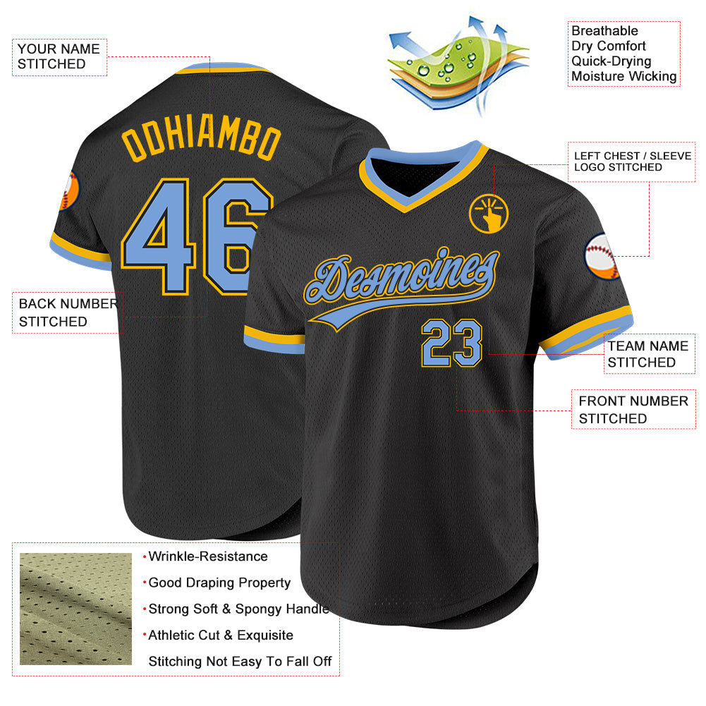 Custom Black Light Blue-Gold Authentic Throwback Baseball Jersey - Sky-Custom