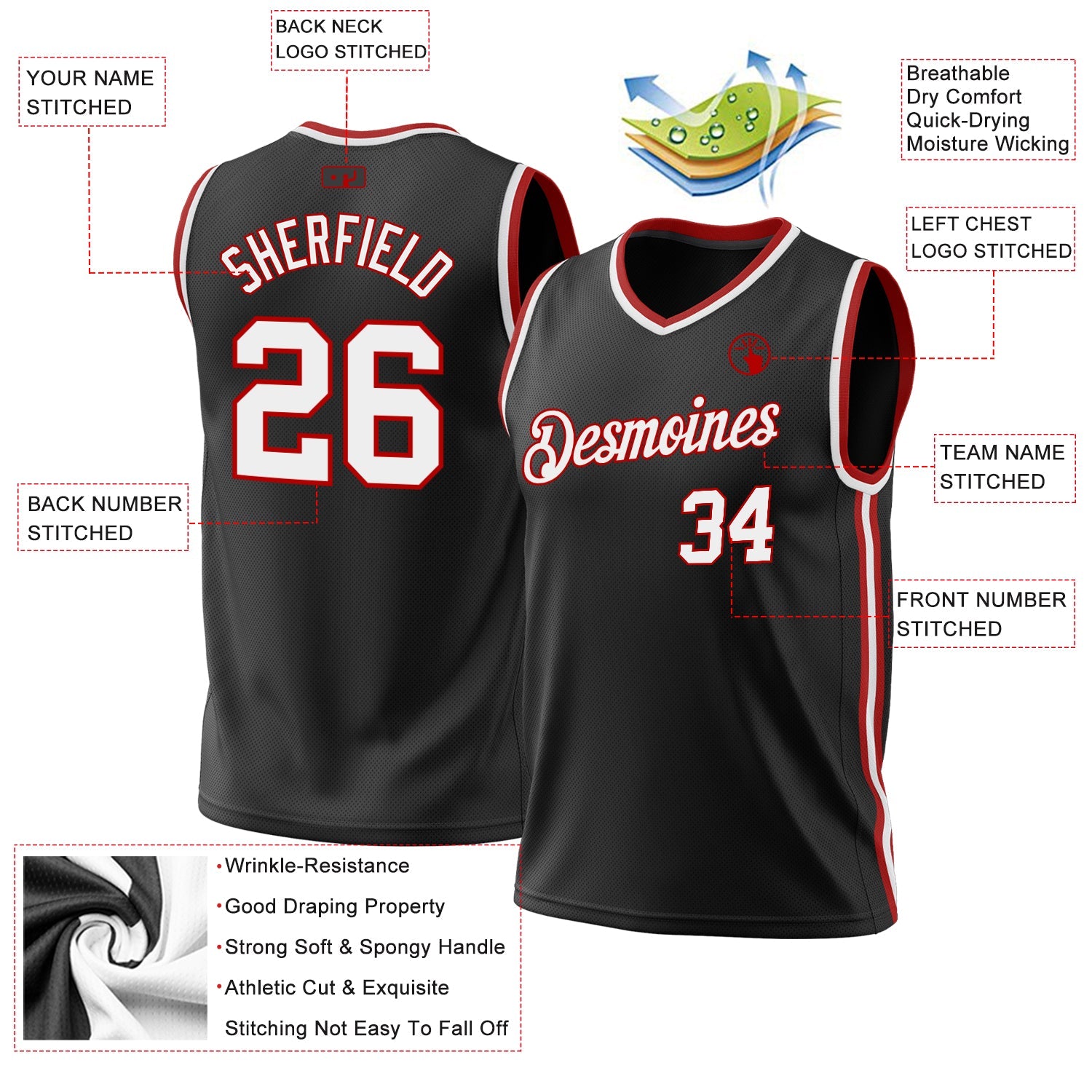 Custom Black White-Red Authentic Throwback Basketball Jersey - Sky-Custom