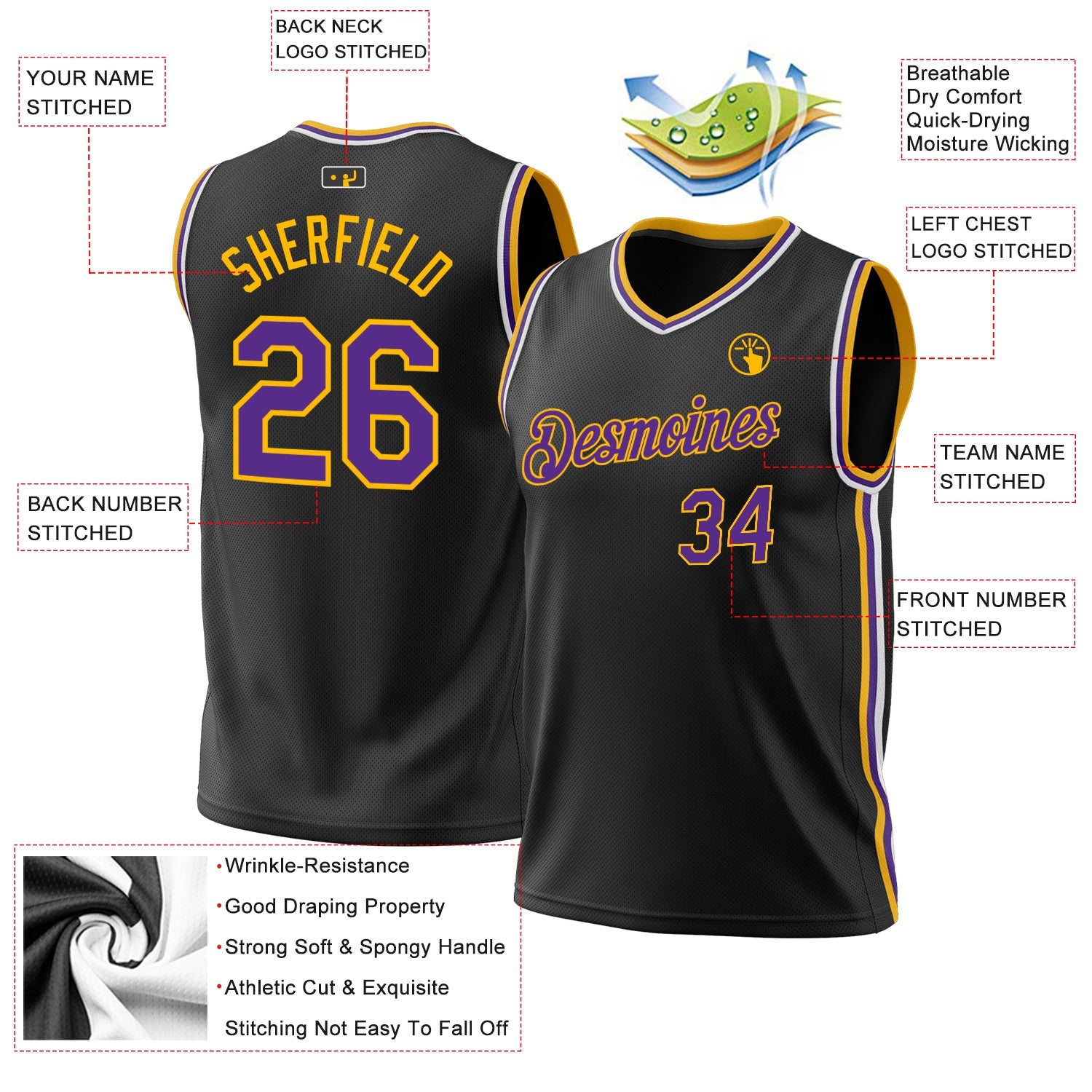 Custom Black Purple-Gold Authentic Throwback Basketball Jersey - Sky-Custom
