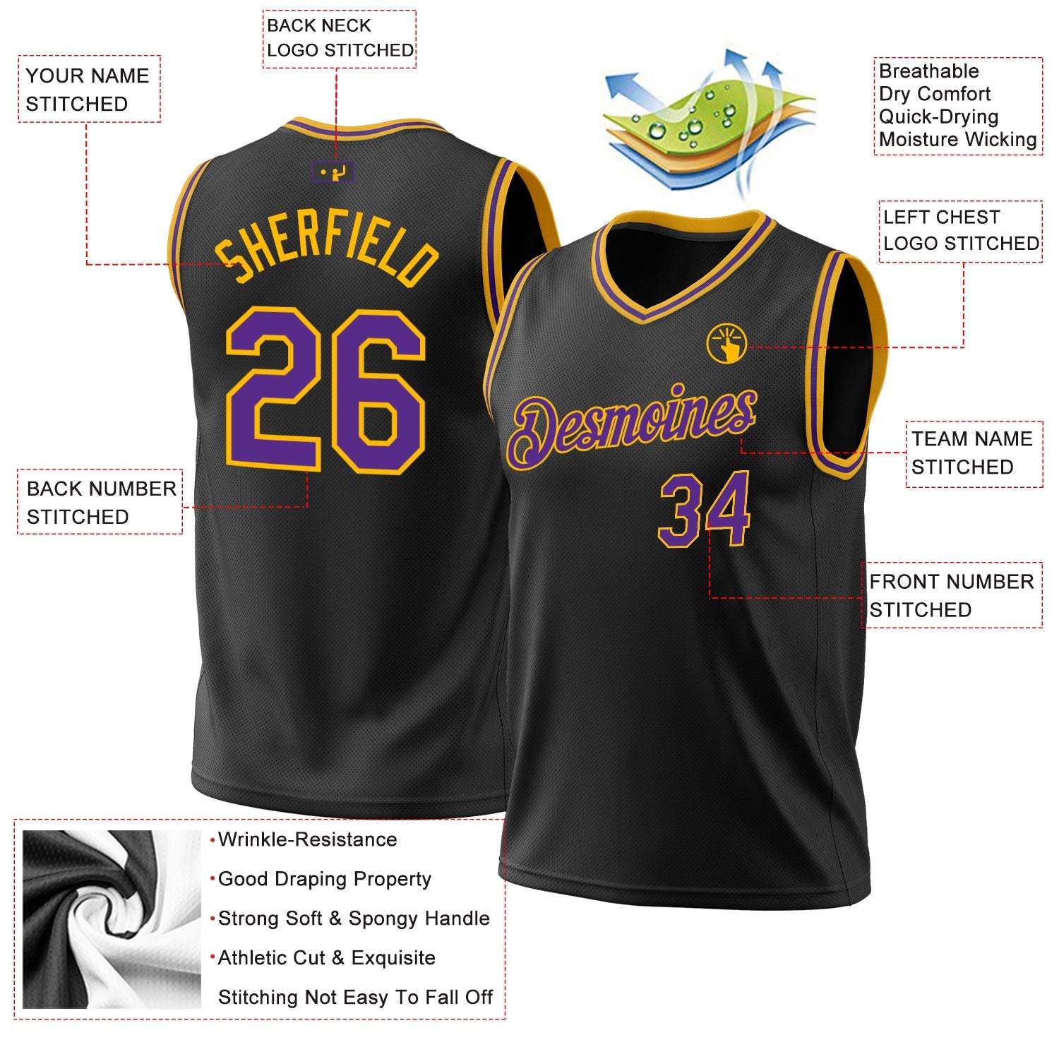 Custom Black Purple-Gold Authentic Throwback Basketball Jersey - Sky-Custom
