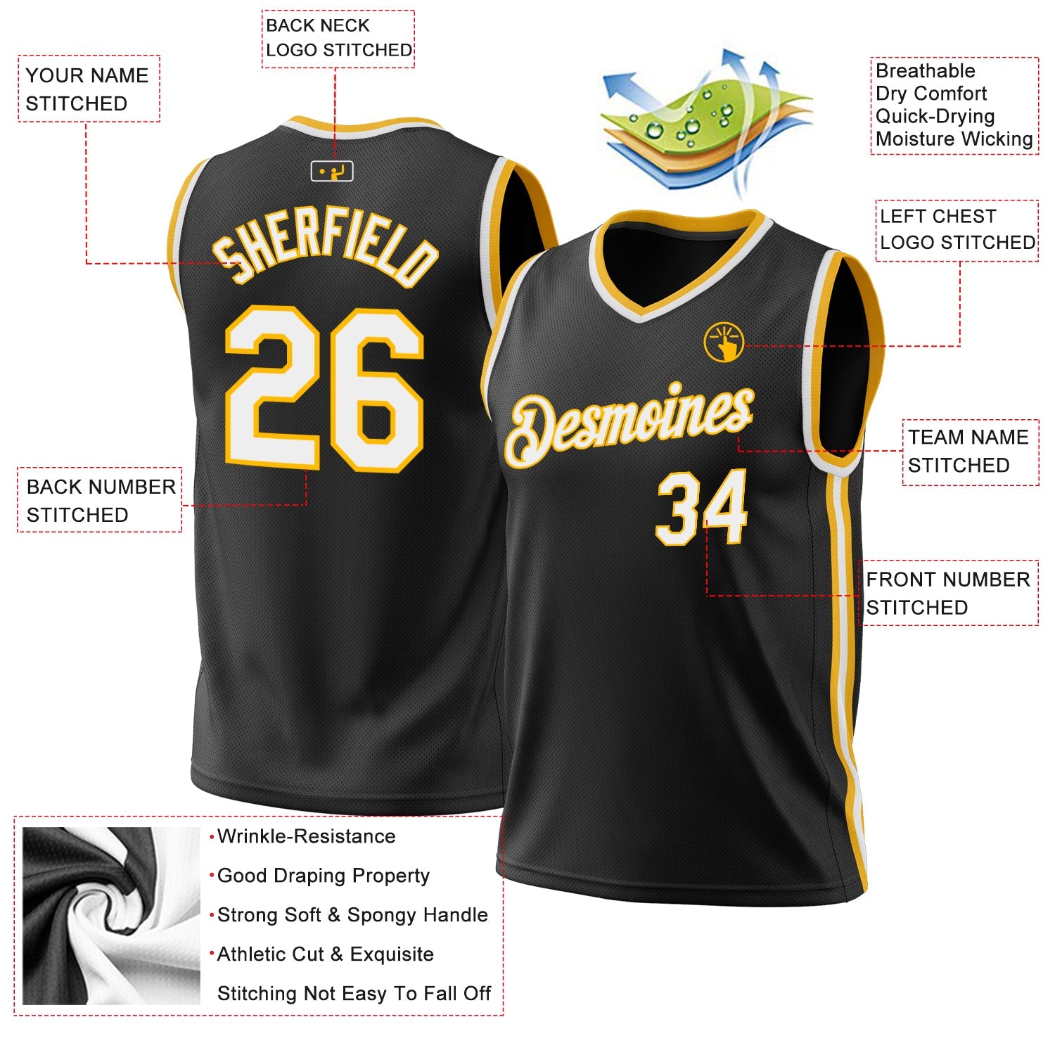 Custom Black White-Gold Authentic Throwback Basketball Jersey - Sky-Custom
