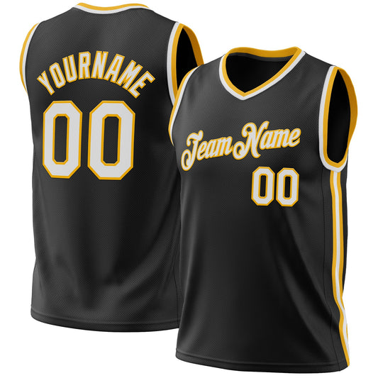 Custom Black White-Gold Authentic Throwback Basketball Jersey - Sky-Custom