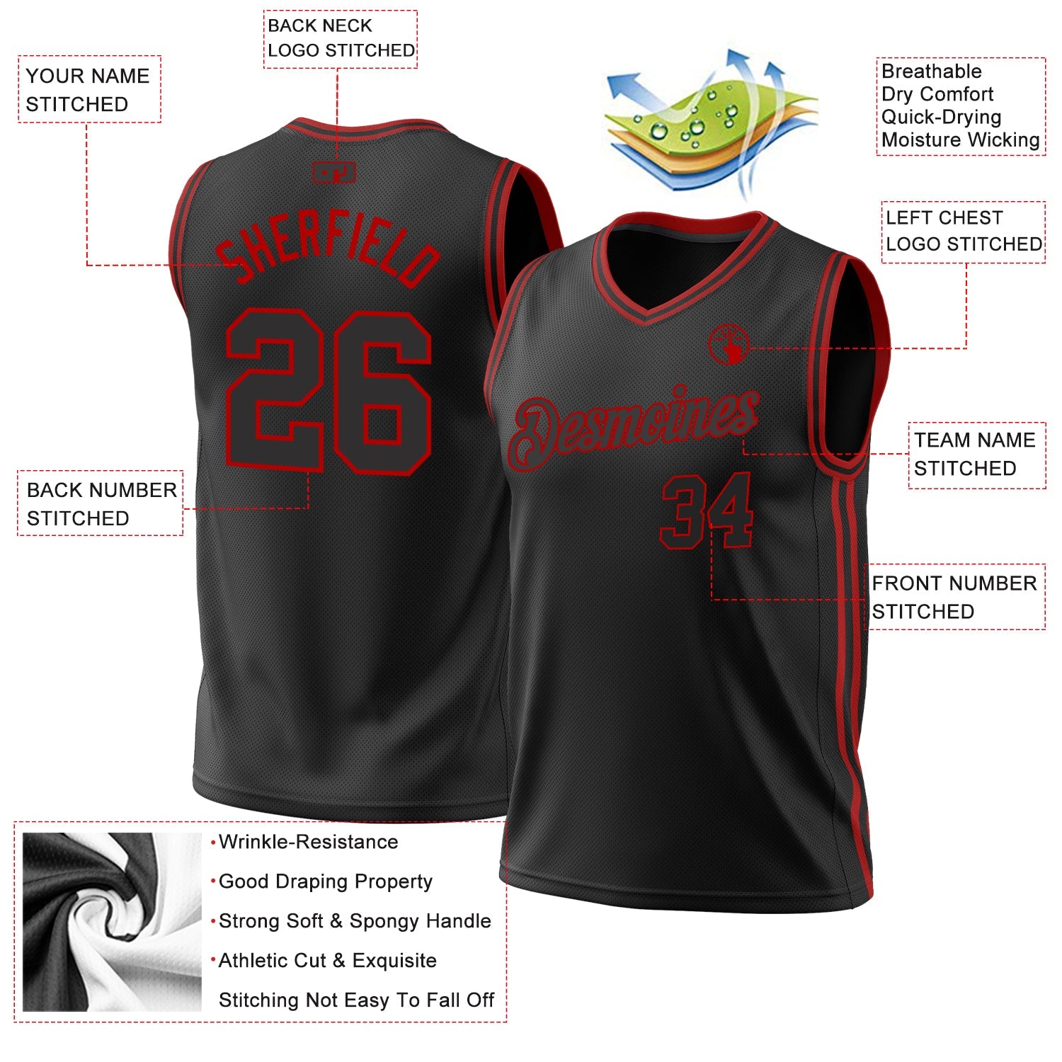 Custom Black Red Authentic Throwback Basketball Jersey - Sky-Custom