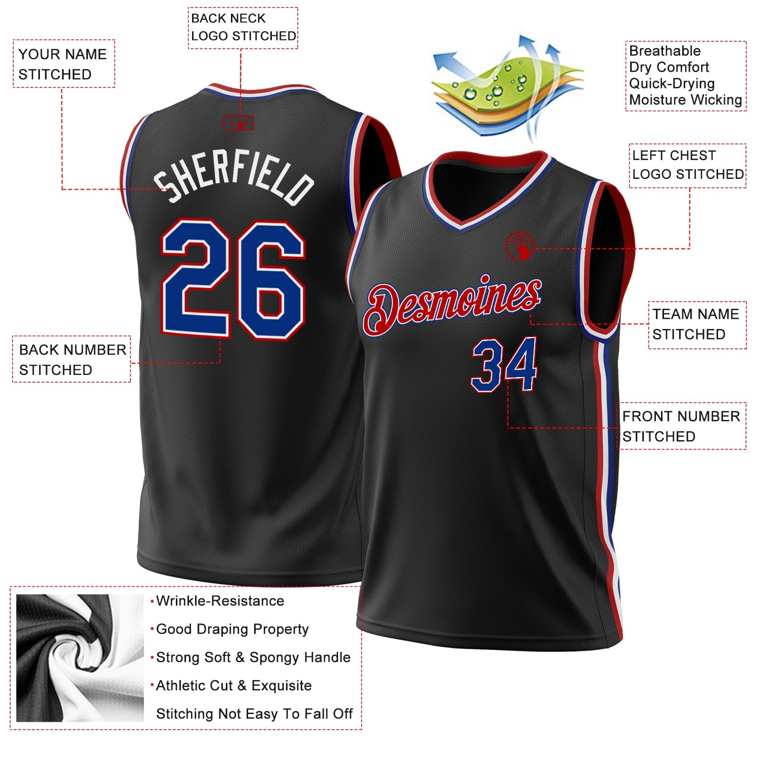 Custom Black Royal-Red Authentic Throwback Basketball Jersey - Sky-Custom