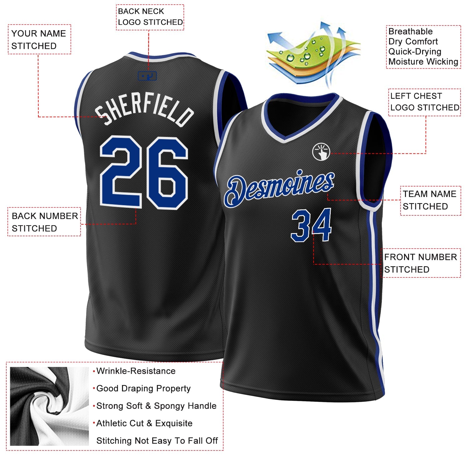Custom Black Royal-White Authentic Throwback Basketball Jersey - Sky-Custom