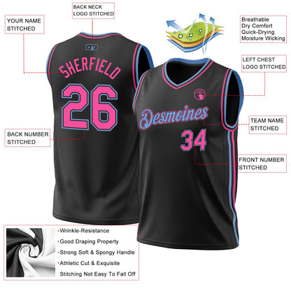 Custom Black Pink-Light Blue Authentic Throwback Basketball Jersey - Sky-Custom