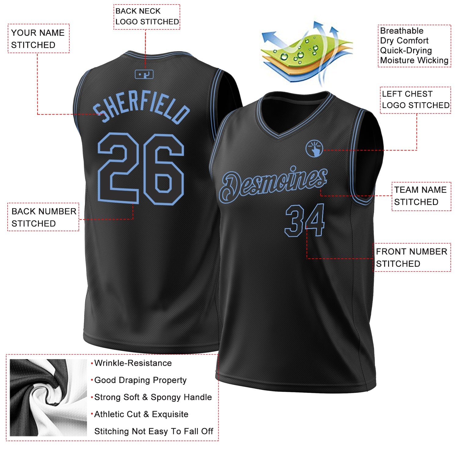 Custom Black Light Blue Authentic Throwback Basketball Jersey - Sky-Custom
