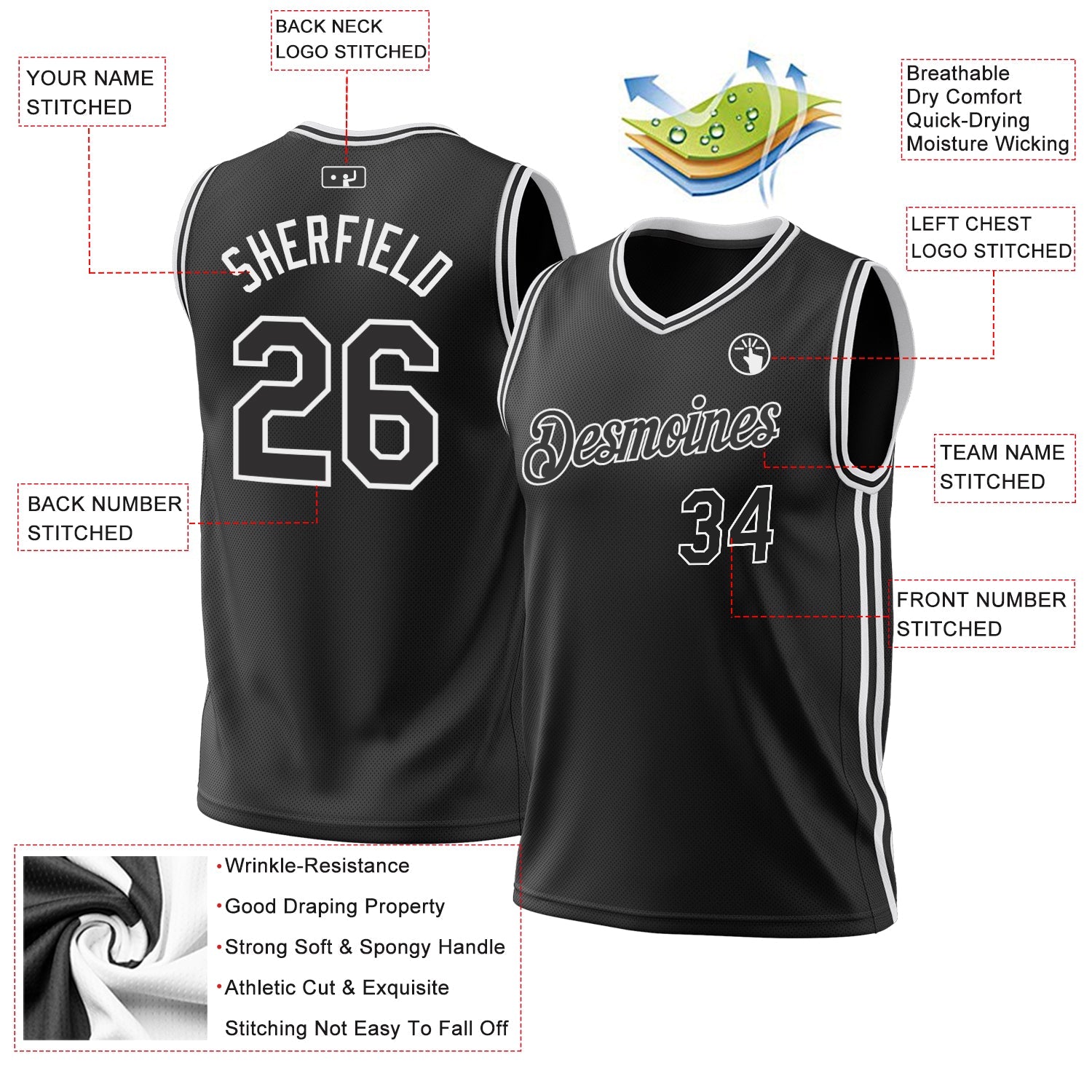 Custom Black White Authentic Throwback Basketball Jersey - Sky-Custom