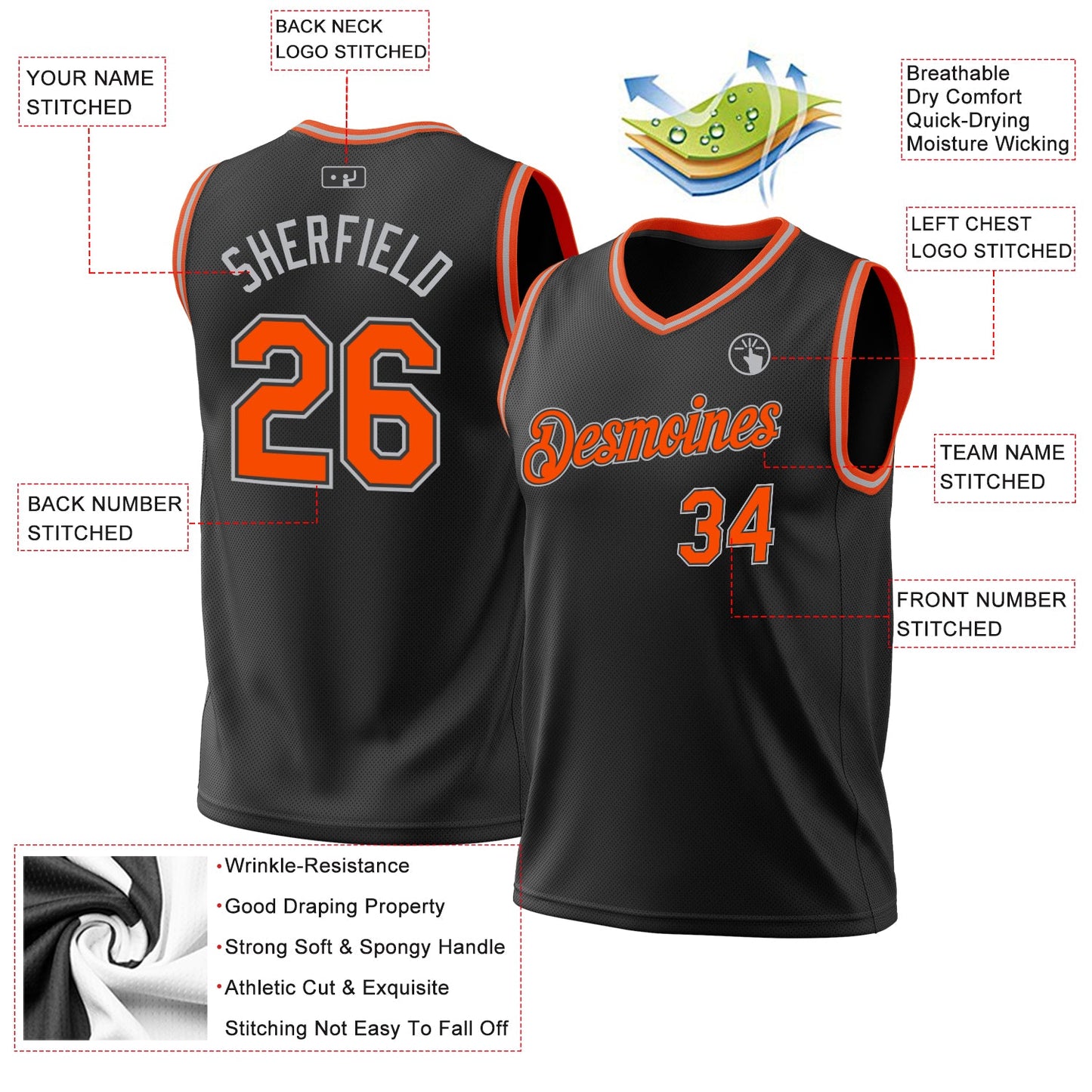 Custom Black Orange-Gray Authentic Throwback Basketball Jersey - Sky-Custom
