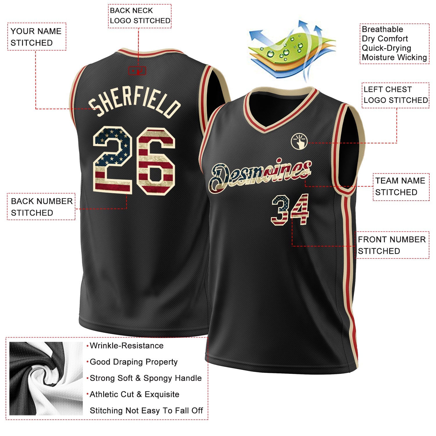 Custom Black Vintage USA Flag Cream-Red Authentic Throwback Basketball Jersey - Sky-Custom