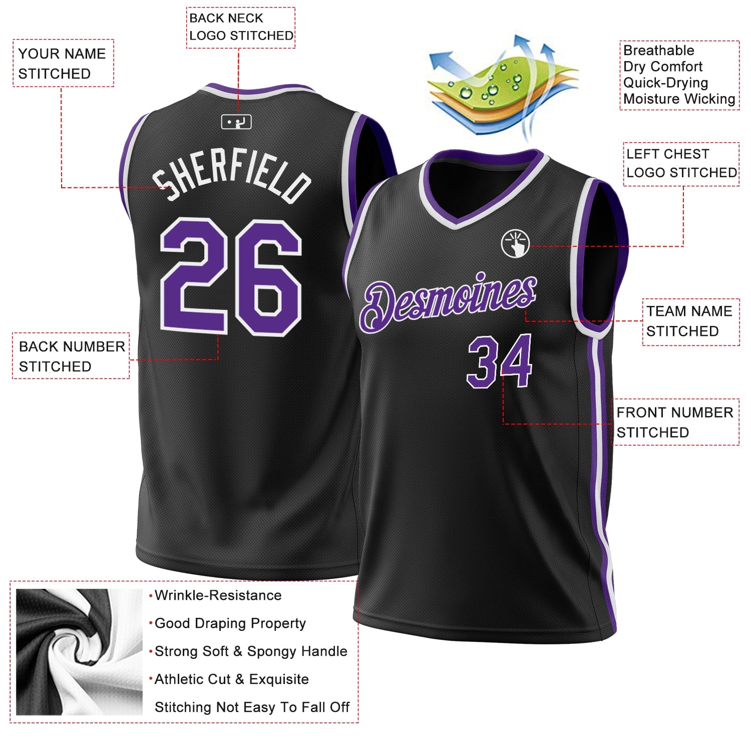 Custom Black Purple-White Authentic Throwback Basketball Jersey - Sky-Custom