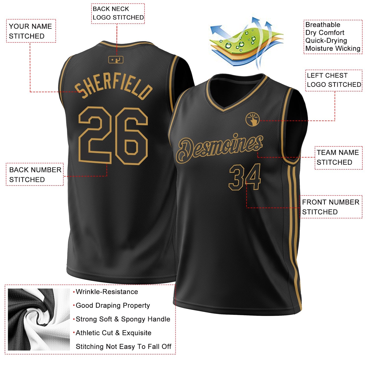 Custom Black Old Gold Authentic Throwback Basketball Jersey - Sky-Custom