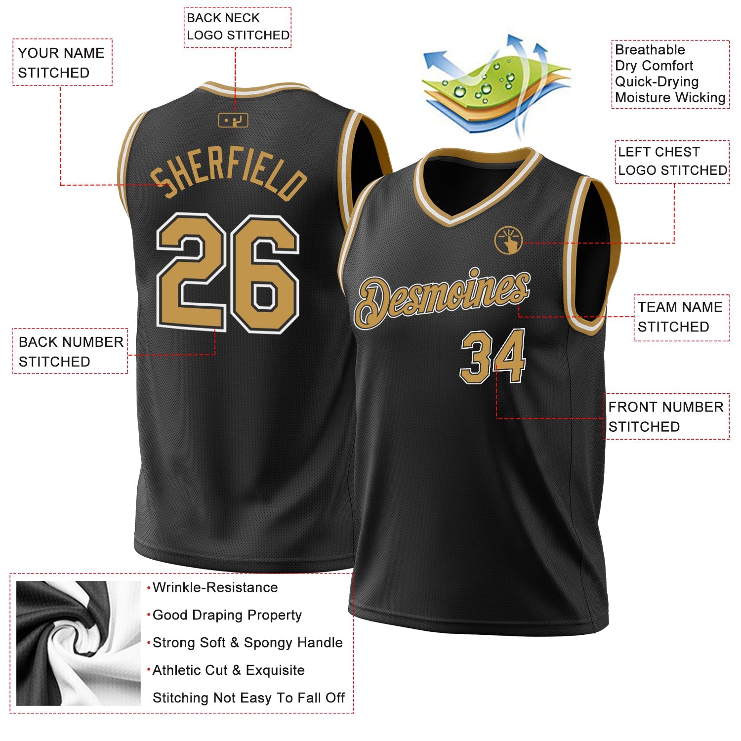 Custom Black Old Gold-White Authentic Throwback Basketball Jersey - Sky-Custom