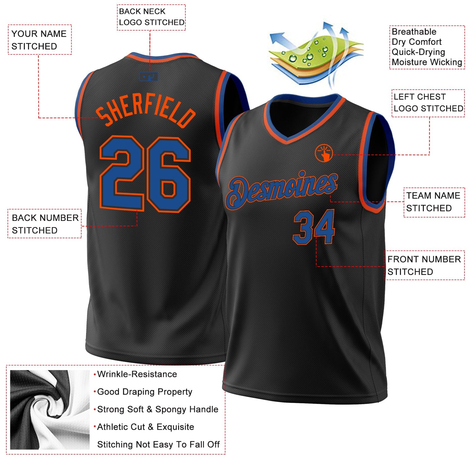 Custom Black Blue-Orange Authentic Throwback Basketball Jersey - Sky-Custom