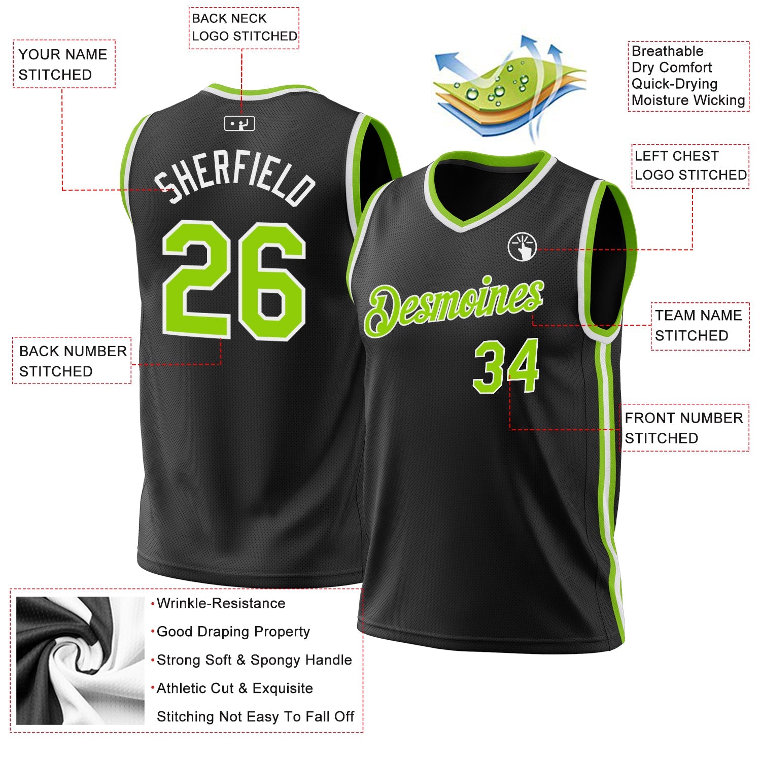Custom Black Neon Green-White Authentic Throwback Basketball Jersey - Sky-Custom